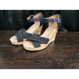 Toms Sienna Black Crochet Criss-Cross Cork Wedge Sandal/Sz. 9M